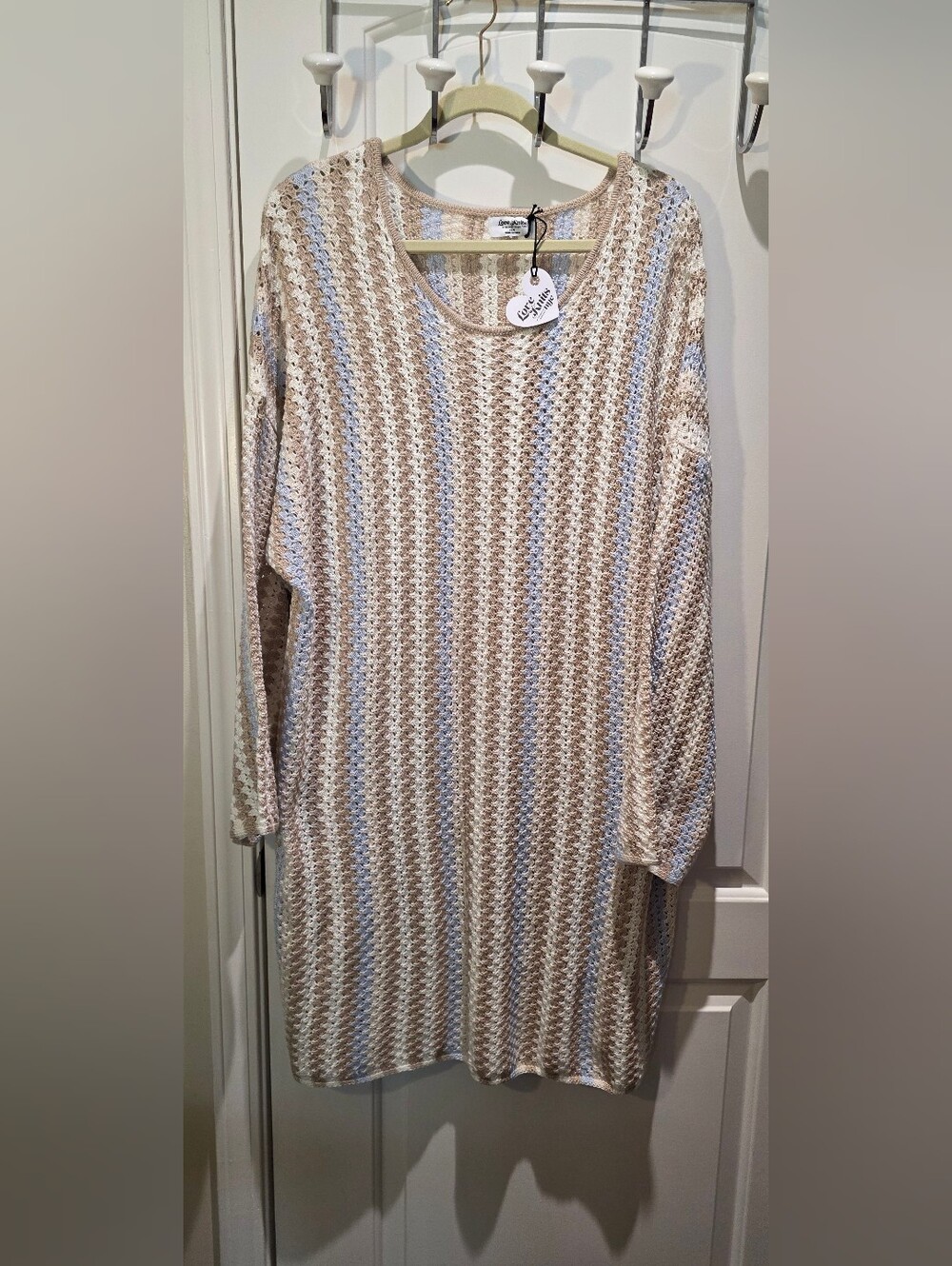 Open-Knit Crewneck Sweater Tunic in Light Blue and Beige